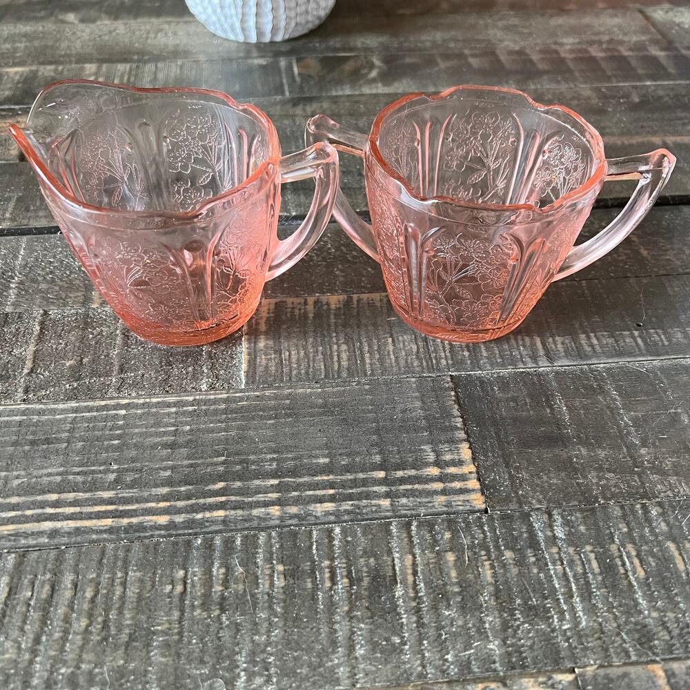 Pink Cherry Blossom Creamer and‎ Open Sugar Jeannette Glass Vintage